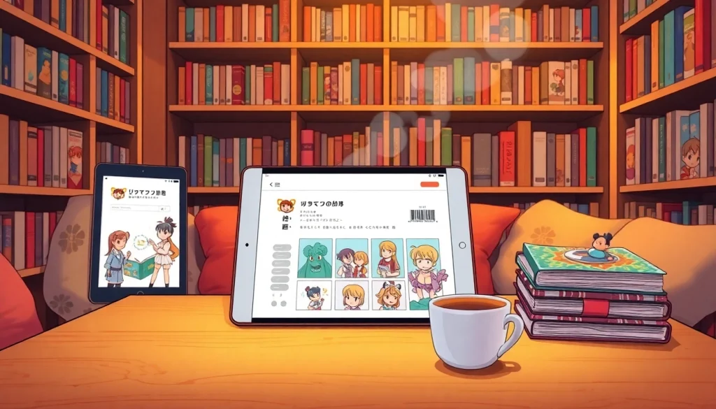 무료웹툰 아이콘을 활용한 아늑한 독서 공간의 일러스트