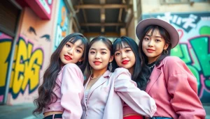 blackpink members posing confidently in a vibrant urban setting with energetic expressions.