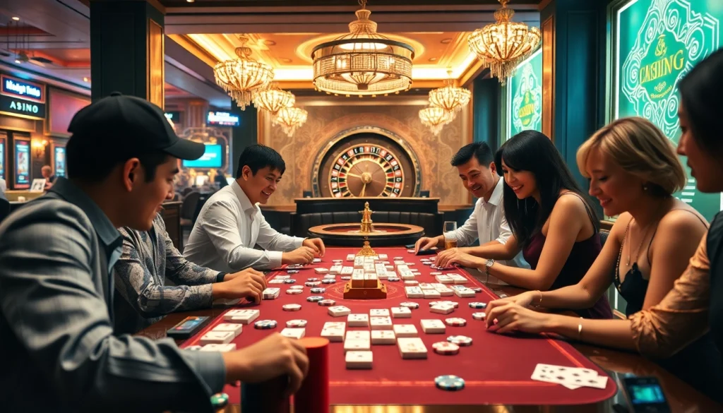 Players engaged in link mahjong at a bustling casino table, showcasing excitement and strategy in a vibrant atmosphere.