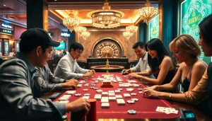 Players engaged in link mahjong at a bustling casino table, showcasing excitement and strategy in a vibrant atmosphere.