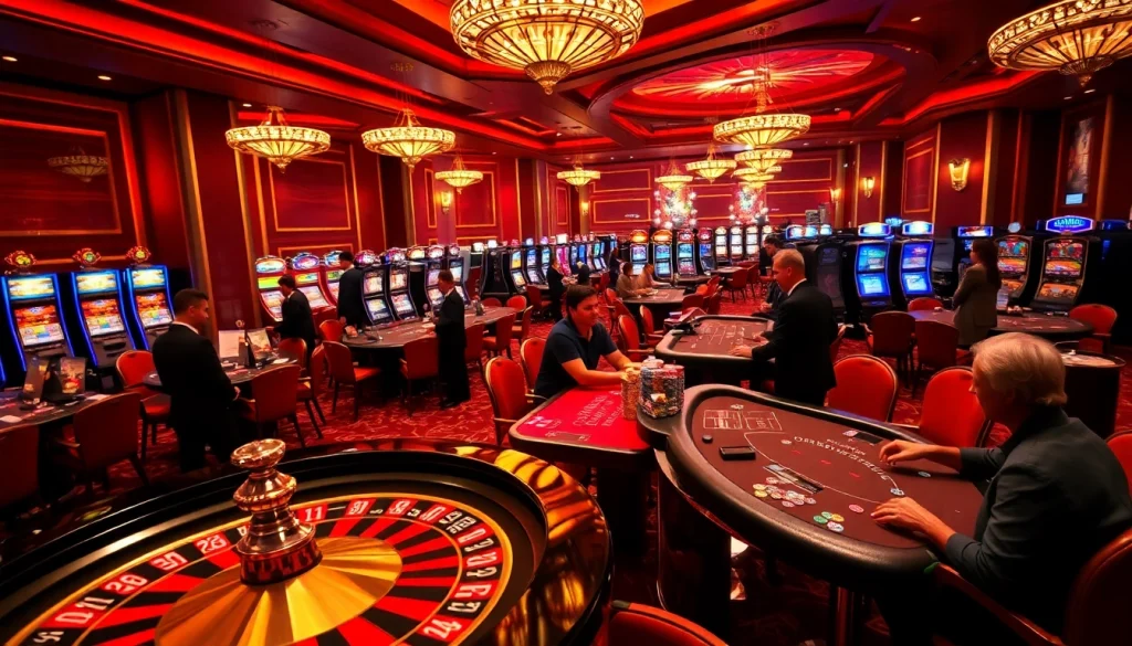 A lively casino scene featuring players at bk8th tables, with a roulette wheel and poker chips, bathed in rich colors.