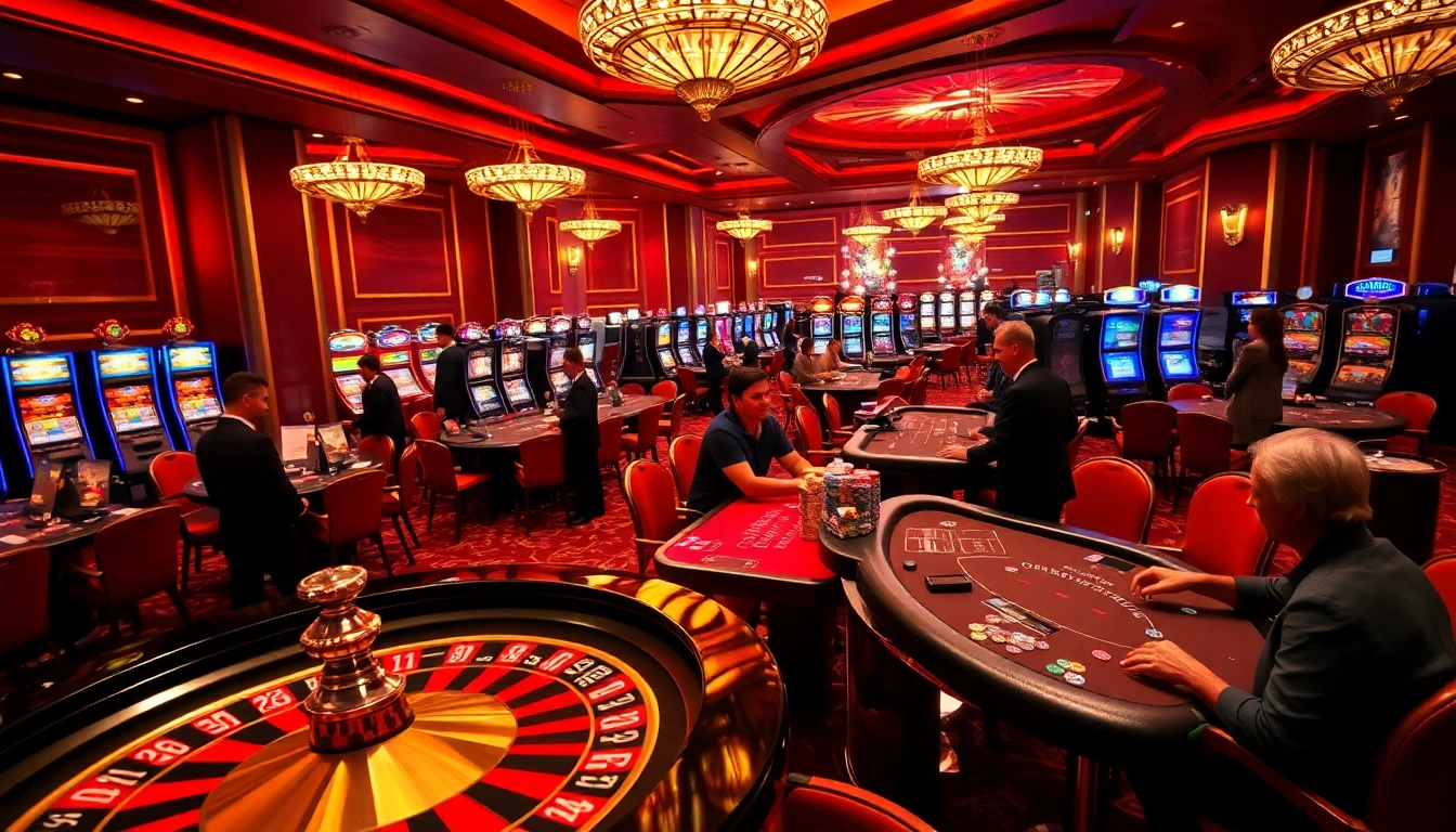 A lively casino scene featuring players at bk8th tables, with a roulette wheel and poker chips, bathed in rich colors.