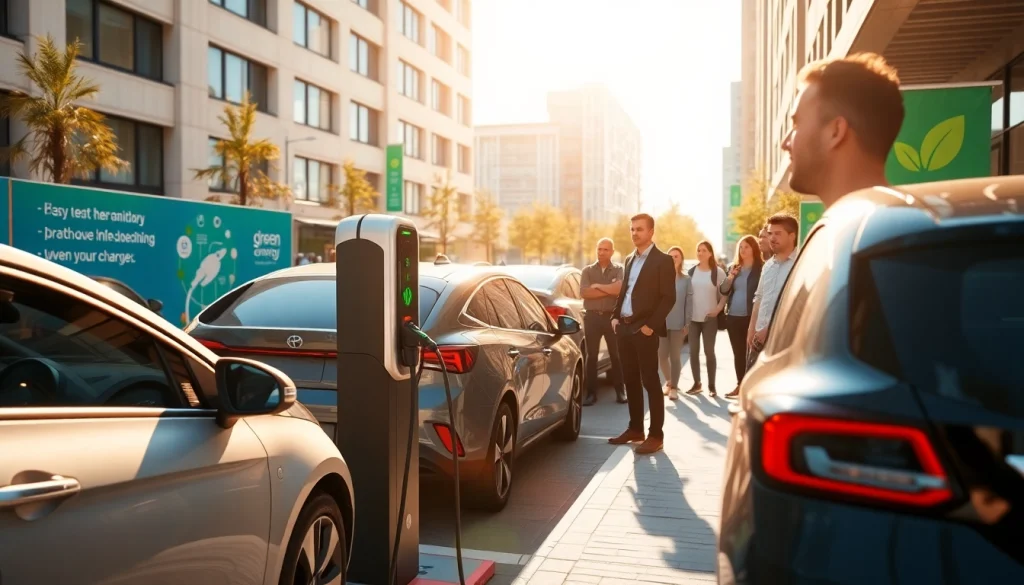 Installing EV charger solution in a vibrant urban setting with technicians and electric vehicles.