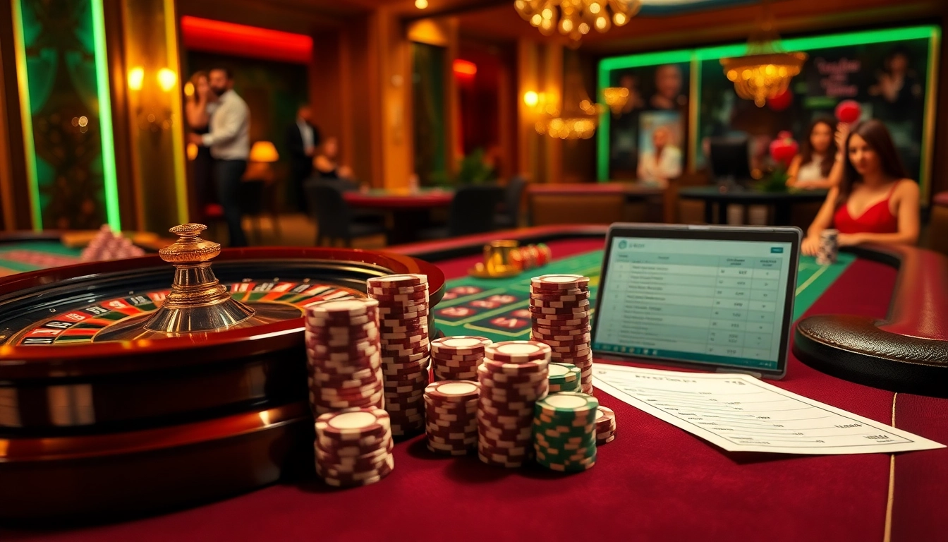 Vivez les sensations du casino en ligne France avec cette scène de jeu en ligne luxueuse mettant en vedette la roulette et le poker.