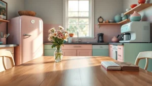 Charming retro appliance in a cozy kitchen setting with pastel colors and warm lighting.
