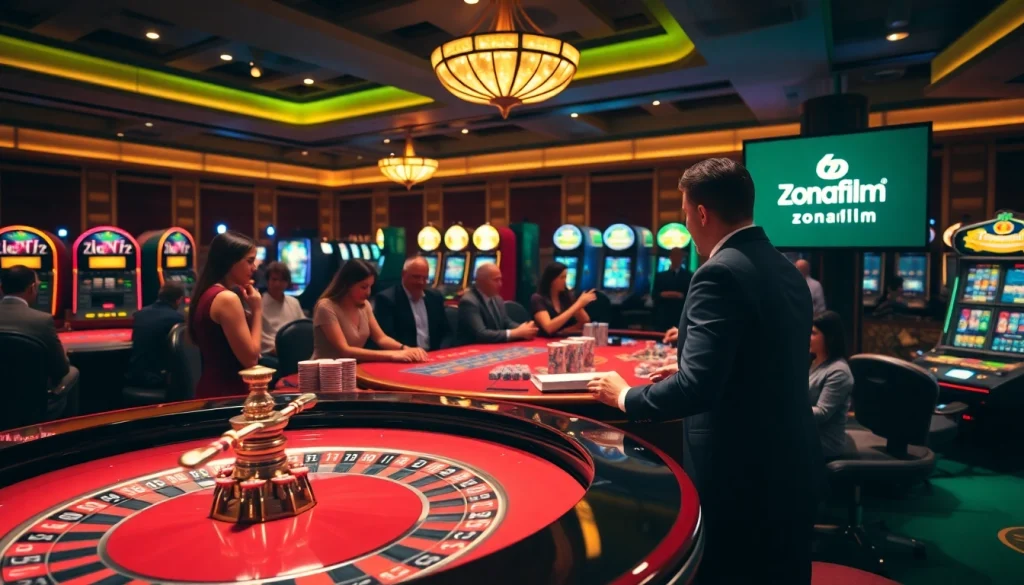 Zonafilm-themed casino scene showcasing a roulette table and poker chips, enhancing exciting gambling atmosphere.