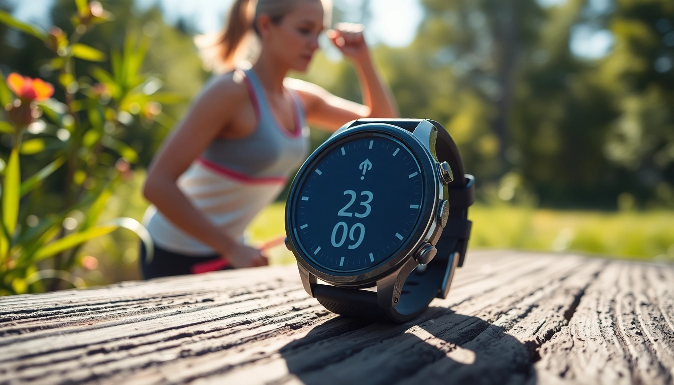 Showcasing a Pulse Smart Watch amid a vibrant outdoor fitness setting, emphasizing sleek design and technology.