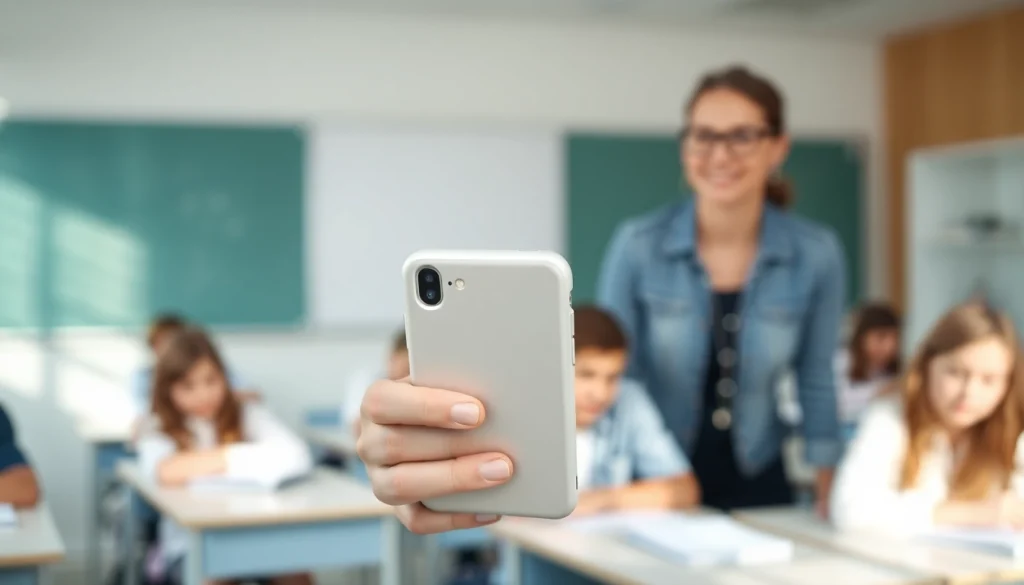 Handytasche Lehrer in Händen eines Lehrers, der entspannt im Klassenzimmer arbeitet.