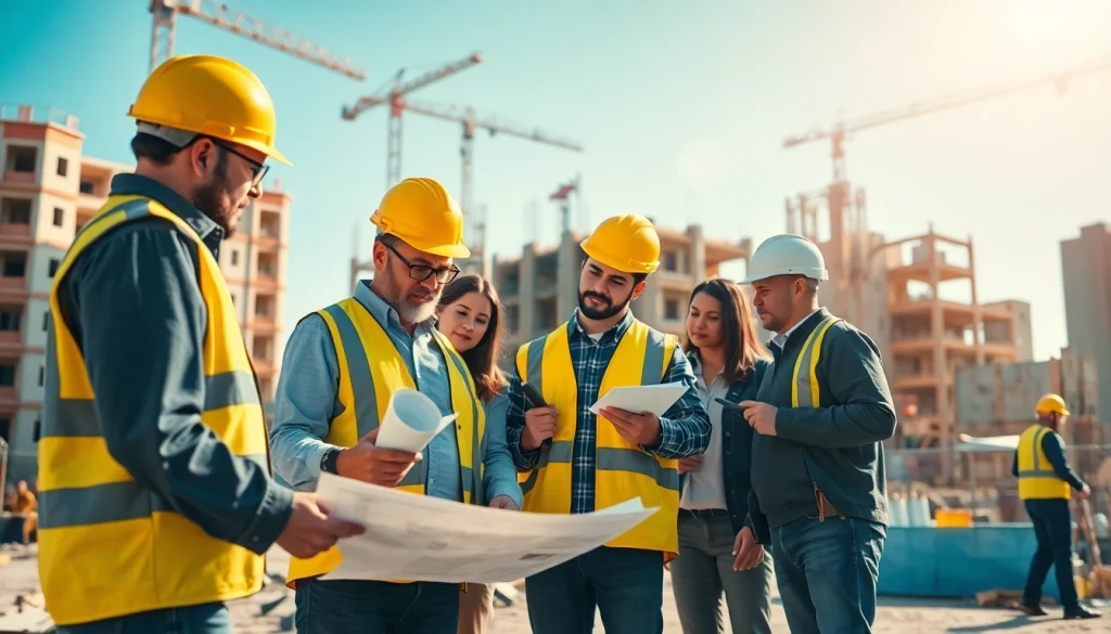 Engaging team discussing construction advocacy strategies at a project site.