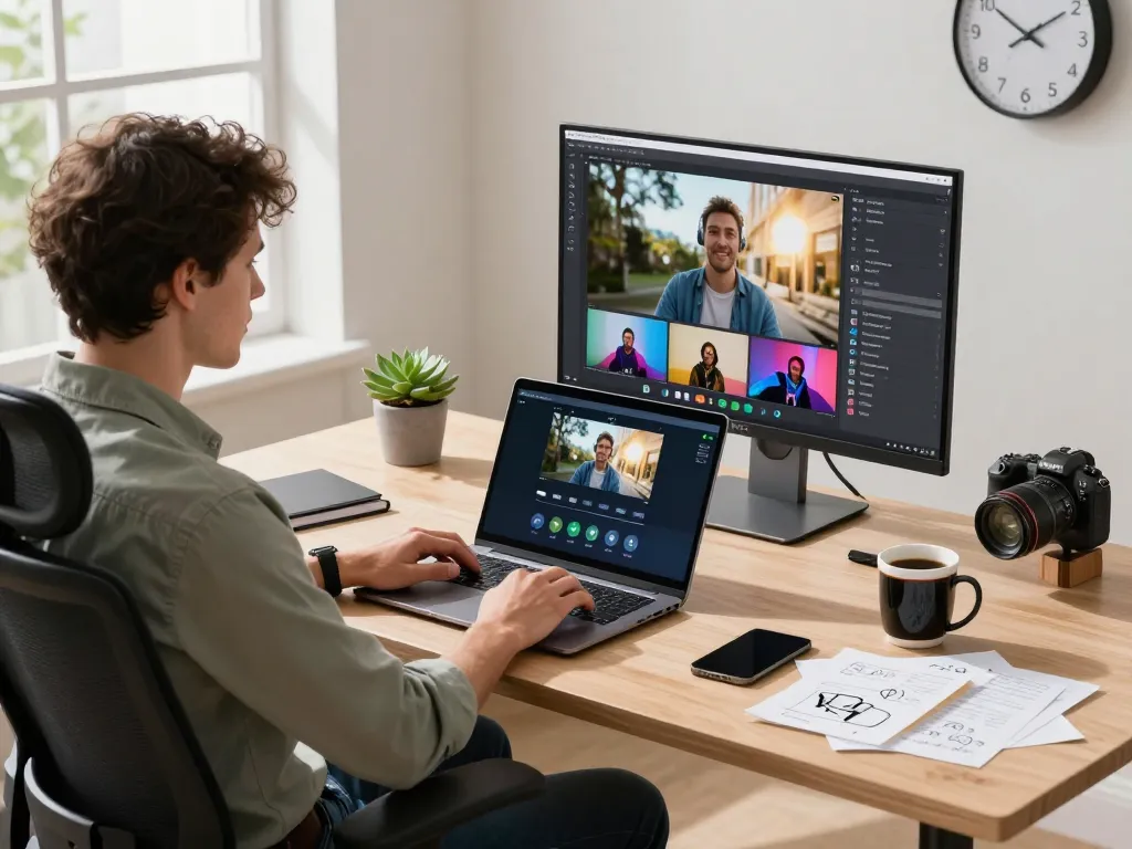 Professional user engaging with a video to promptgenerator in a modern digital workspace, showcasing creative technology.