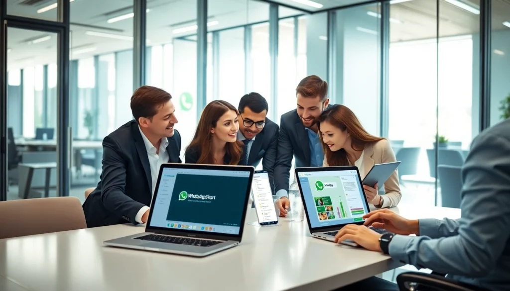 Engaged professionals collaborating using WhatsApp Smart CRM in a modern office.