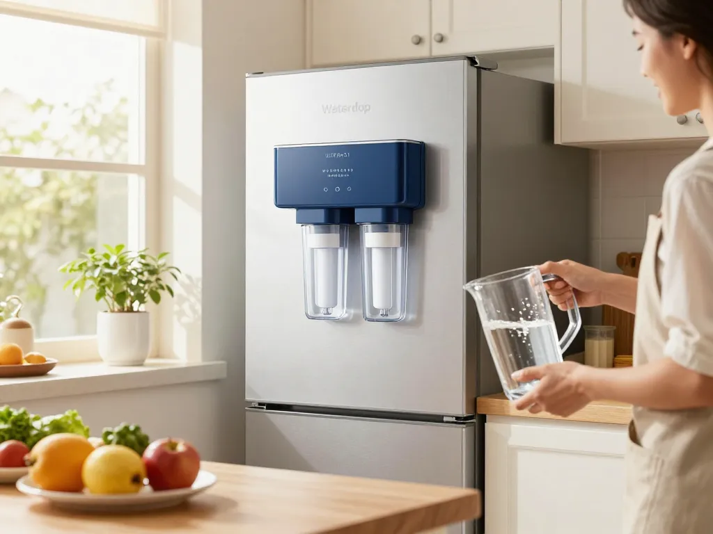 Waterdrop UKF8001 Refrigerator Water Filter 4 in a modern kitchen scene showcasing fresh filtered water and healthy ingredients.