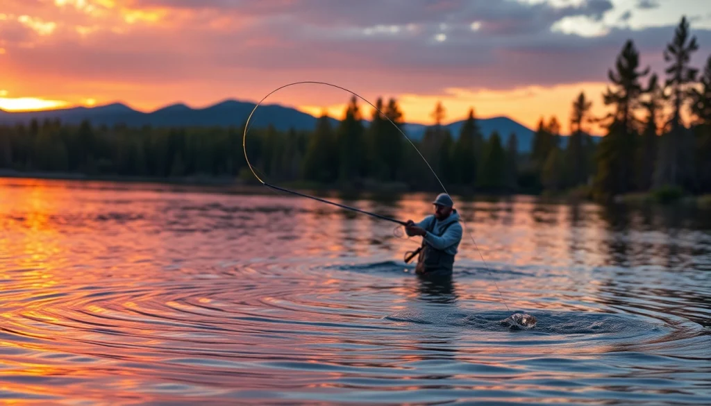Fly fishing line casting over a serene lake at sunset, showcasing a picturesque fishing scene.