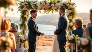 Carmel wedding photography capturing a bride and groom exchanging vows amidst a scenic outdoor setting.
