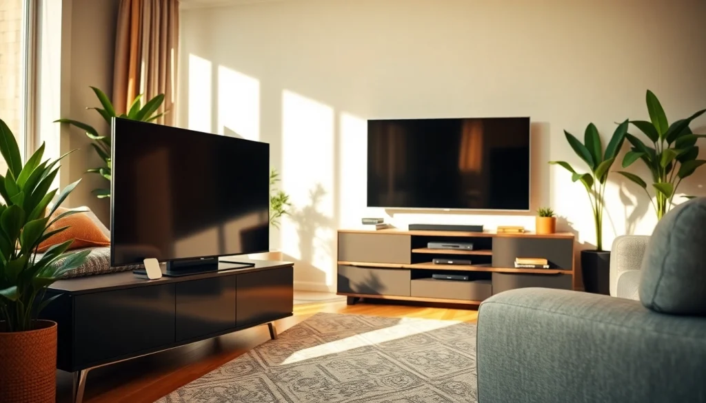 Oglądaj filmy na nowoczesnym telewizorze 55 cali w stylowym salonie.