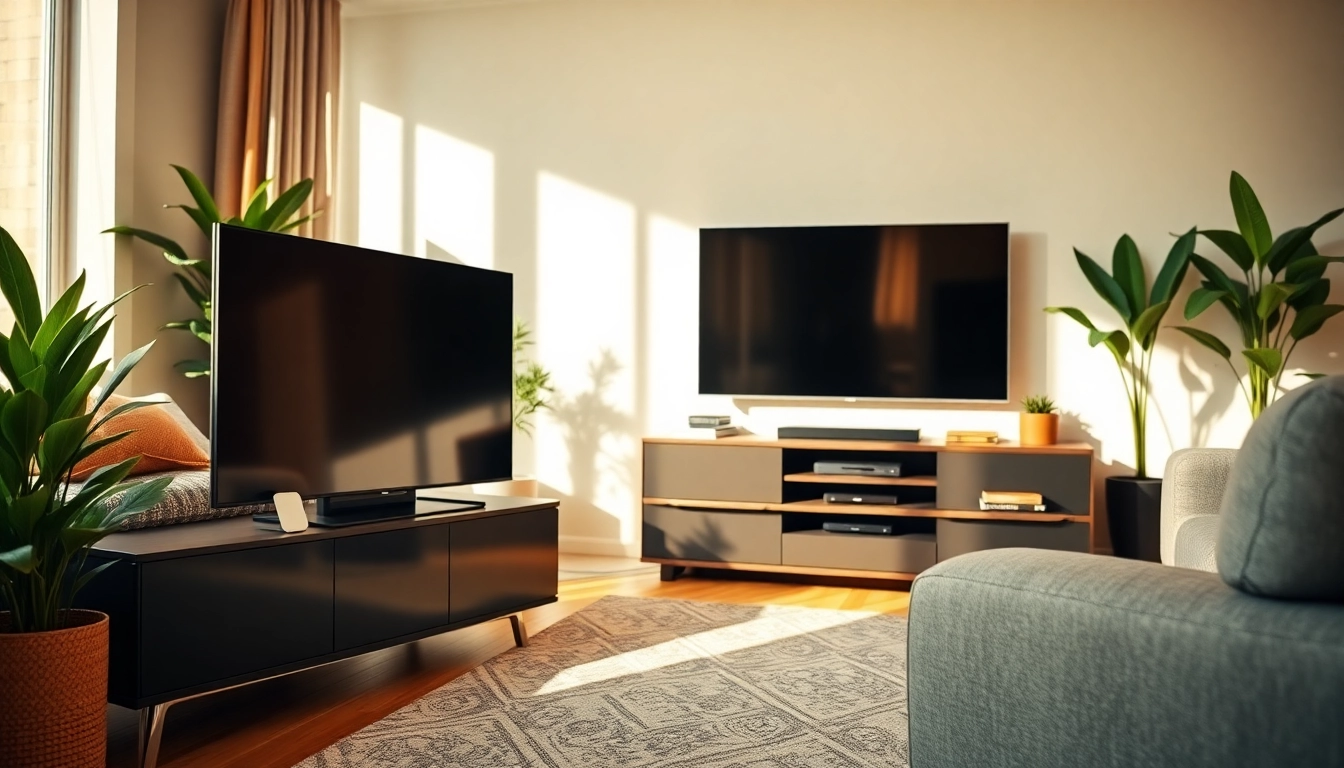 Oglądaj filmy na nowoczesnym telewizorze 55 cali w stylowym salonie.