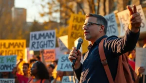 Empowering scene of a human rights rally with passionate speaker and supportive crowd.