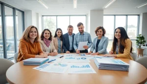Collaborative Luxembourg family holding professionals working together in a bright, modern office.