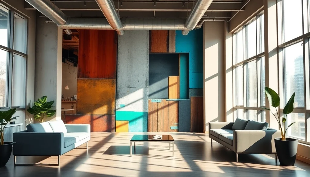 Dynamiczny mural z teksturami betonu i drewna, który podnosi design ścian w nowoczesnej przestrzeni.