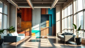 Dynamiczny mural z teksturami betonu i drewna, który podnosi design ścian w nowoczesnej przestrzeni.