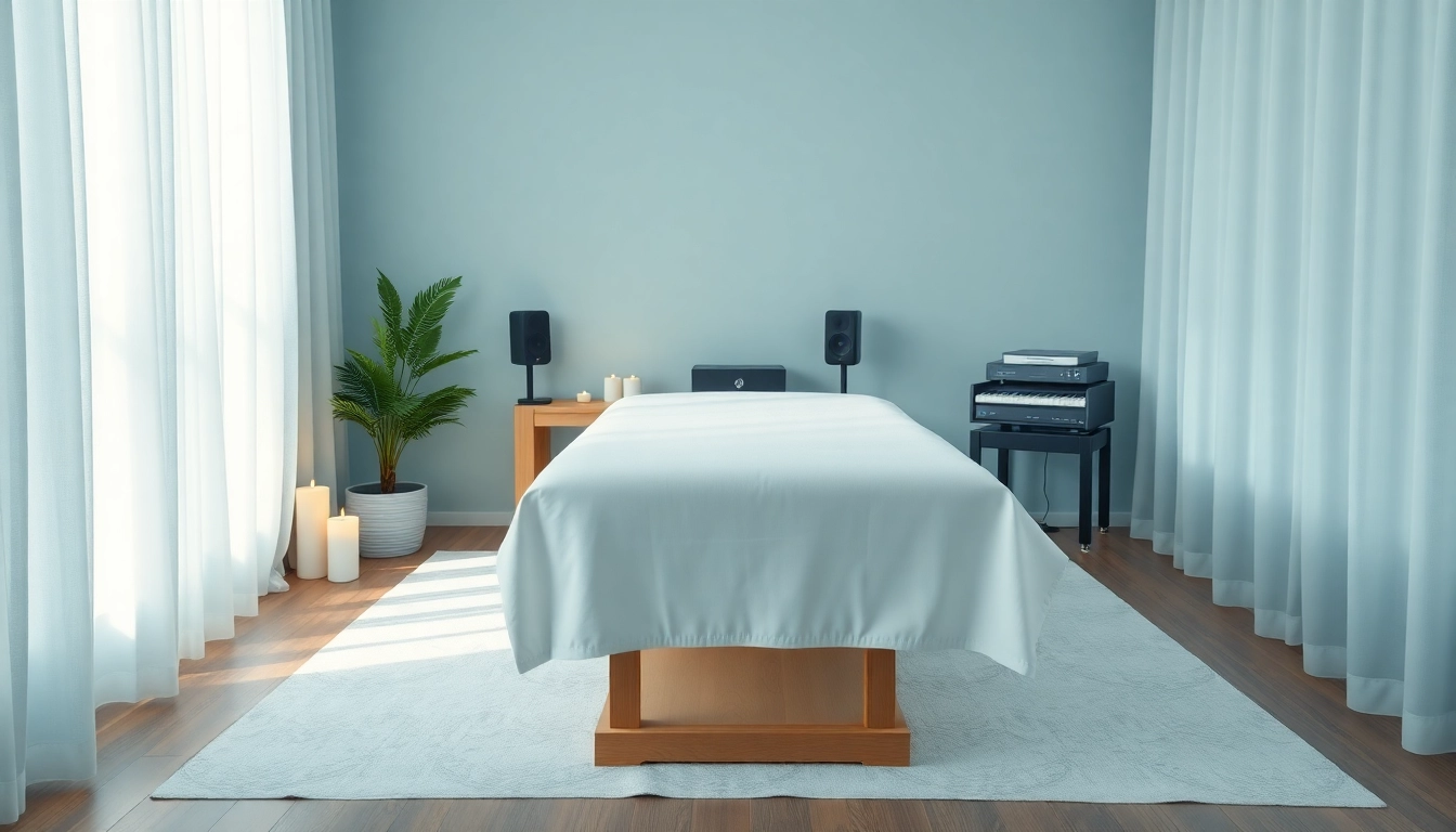 편안한 마사지 경험을 위한 차분한 색상과 분위기가 특징인 진정한 마사지 치료실.