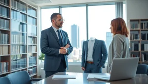 Beratung über Untreue Strafrecht in modernem Kanzleibüro mit Anwalt und Klient.