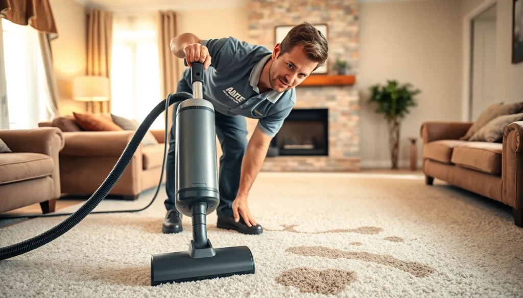 Carpet cleaning business technician demonstrating expertise while cleaning a stained carpet.