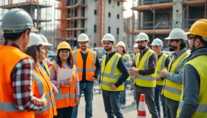 Construction site safety training session with diverse workers collaborating effectively.