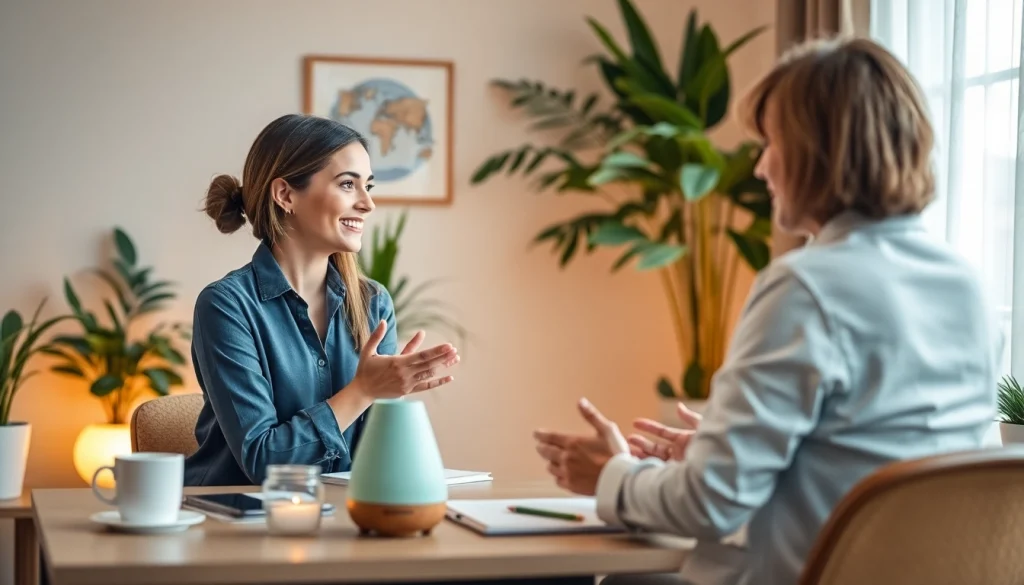 Anxiety symptoms discussed in a calming therapist's office with warm lighting.
