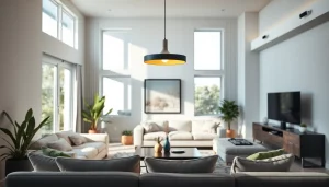 Sleek Illumination in a modern living room featuring striking pendant lighting.