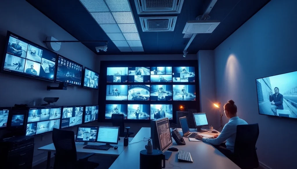 Empresa de seguridad que muestra una sala de control de alta tecnología con monitores de vigilancia, ilustrando servicios de seguridad profesionales.