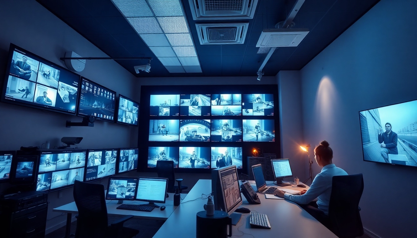 Empresa de seguridad que muestra una sala de control de alta tecnología con monitores de vigilancia, ilustrando servicios de seguridad profesionales.