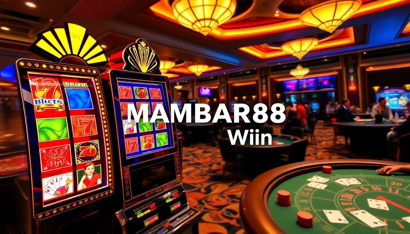 MABAR88 Win ditampilkan dalam adegan kasino yang hidup dengan mesin slot, roulette, dan pemain yang antusias.