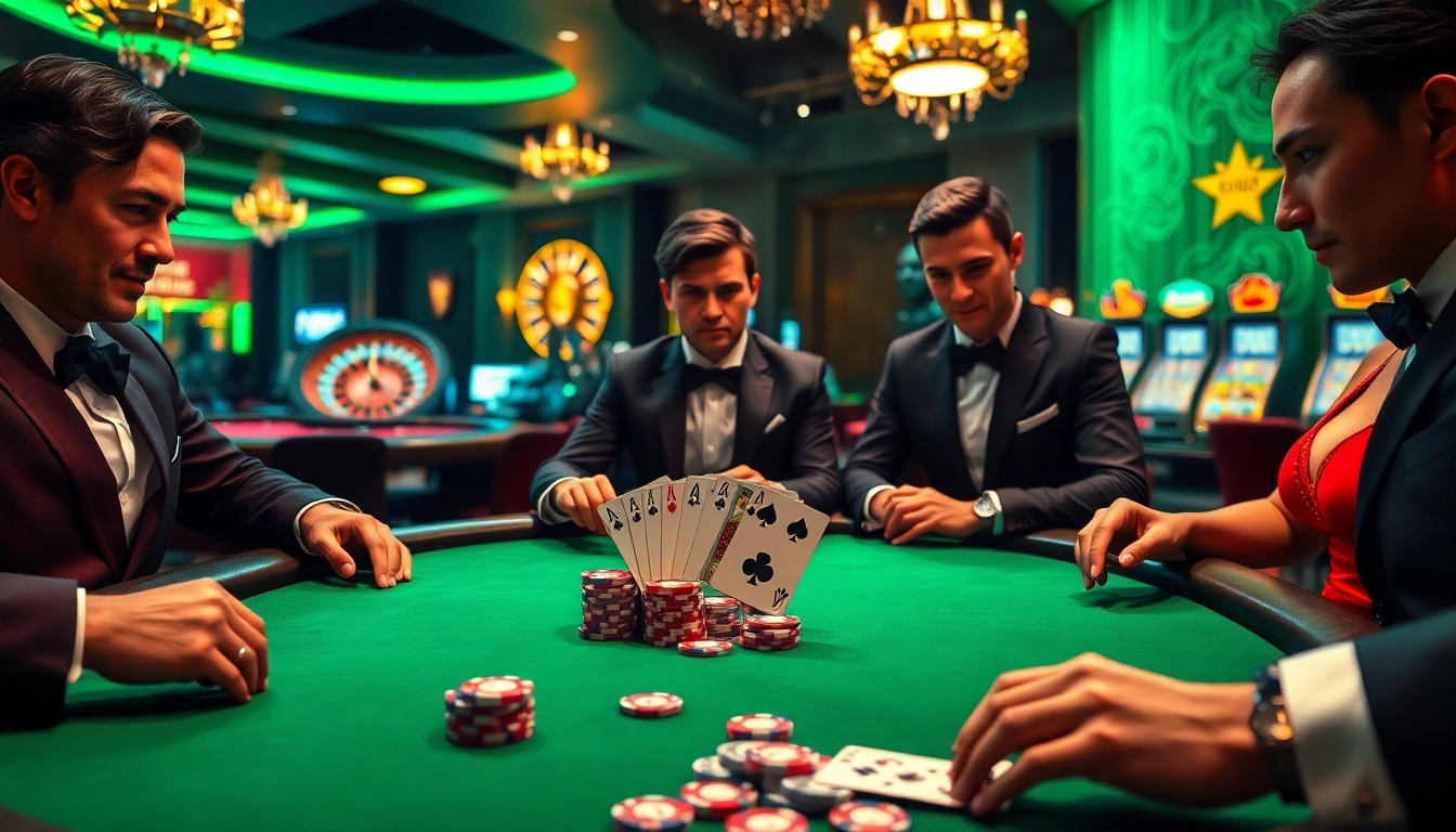 Des joueurs s'engagent dans une passionnante partie de poker dans un casino en ligne en France, entourés de jetons vibrants et d'un cadre luxueux.