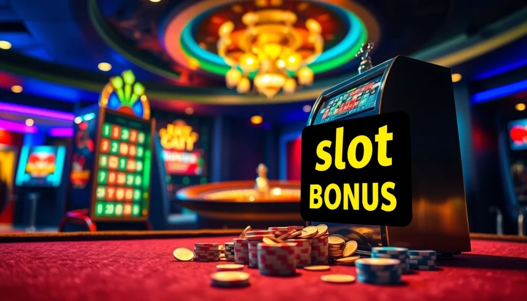 Menangkan besar dengan bonus slot di kasino yang ramai yang menampilkan mesin slot dan permainan yang seru.