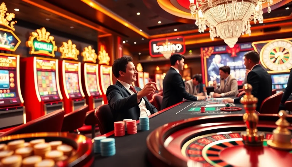 Joueurs s'engageant dans un casino en ligne France vibrant, montrant des jetons, des machines à sous et une roue de roulette.