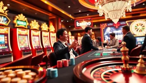 Joueurs s'engageant dans un casino en ligne France vibrant, montrant des jetons, des machines à sous et une roue de roulette.