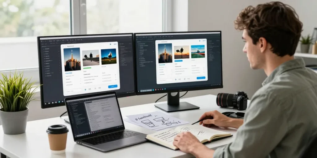 Using a free AI image detector, a developer analyzes images in a modern tech workspace, showcasing innovative digital solutions.