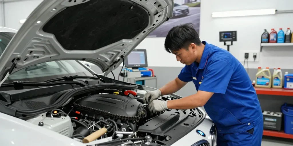 bmw steuerkette wechseln in einer professionellen Werkstatt mit einem Techniker, der am Motor arbeitet