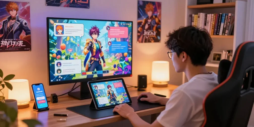 Engaging adult game scene with a male protagonist exploring interactive visual novels in a cozy gaming environment.