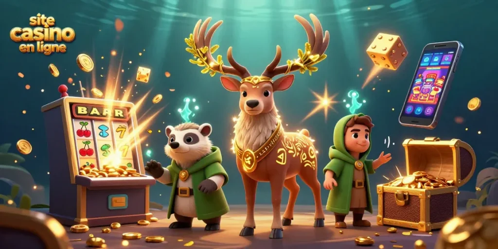 Illustration vibrante d'un site casino en ligne avec un cerf celte et une fouille entourés de machines à sous et de jeux d'argent.