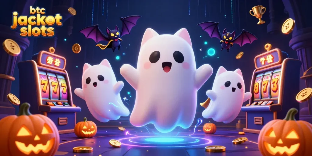 Play thrilling btc jackpot slots with a ghost cat and vampire bat in an energized casino scene.