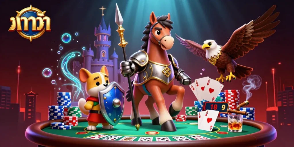 Experience the excitement of baccarat with a knight and squire in this 3D illustration.