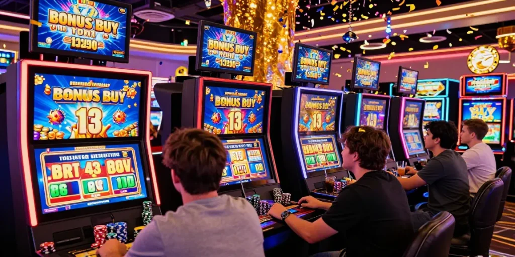 Discover top Bonus Buy Slots at https://aboutderbyshire.co.uk, featuring dynamic gaming scene with excited players and vibrant slot machines.