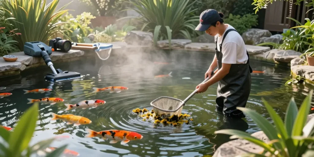 Professional Pond Cleaning Surrey in serene backyard pond, cleaner removing algae and debris.