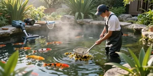 Professional Pond Cleaning Surrey in serene backyard pond, cleaner removing algae and debris.