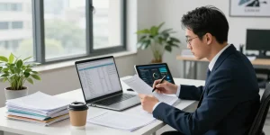Forensic accountant conducting asset tracing analysis in a modern office space with digital tools