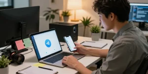 Workspace showcasing Telegram中文版 user interface on laptop with smartphone notifications, highlighting modern communication.
