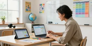 Teacher using EMStudio, an online teacher planner, at a bright desk with colorful resources and lesson plans.