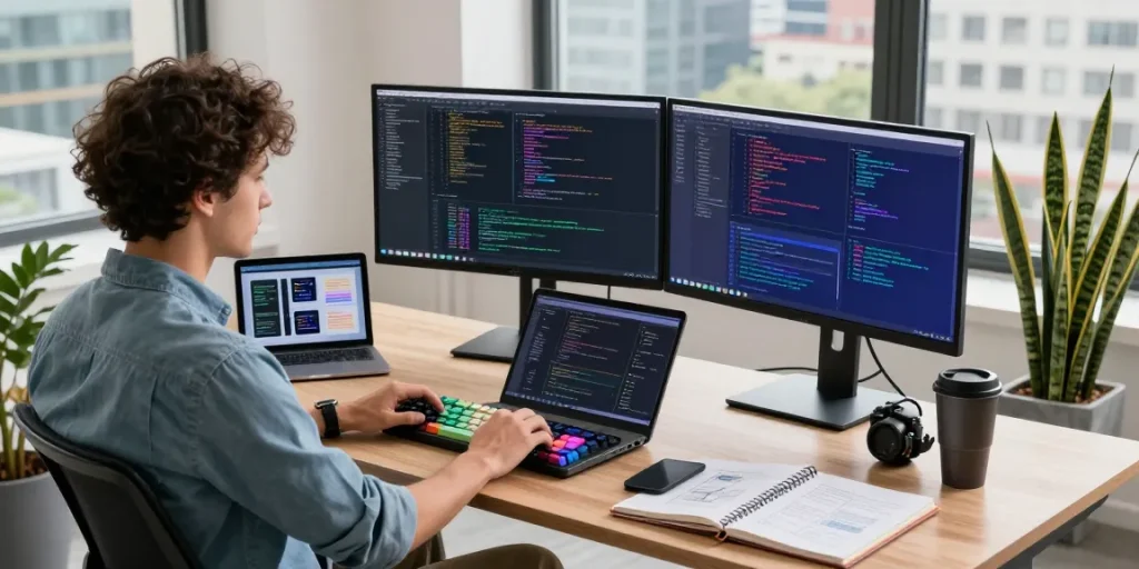 Developer coding on dual monitors in a modern workspace with 纸飞机中文版 app features visible.
